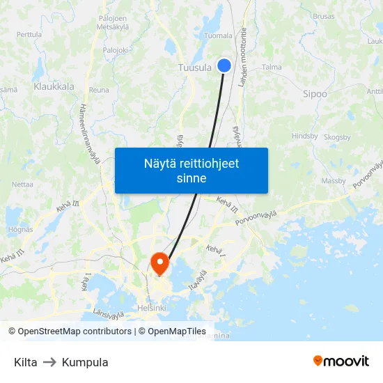 Kilta to Kumpula map