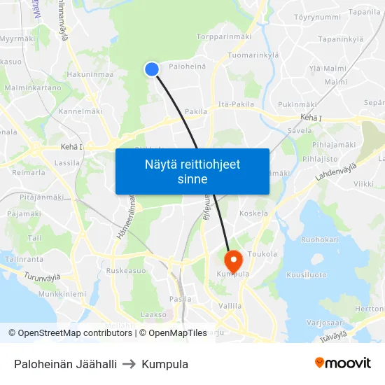 Paloheinän Jäähalli to Kumpula map
