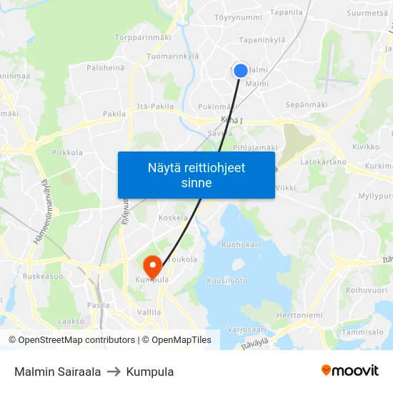 Malmin Sairaala to Kumpula map