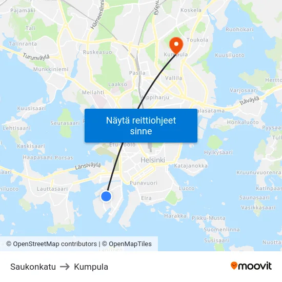 Saukonkatu to Kumpula map