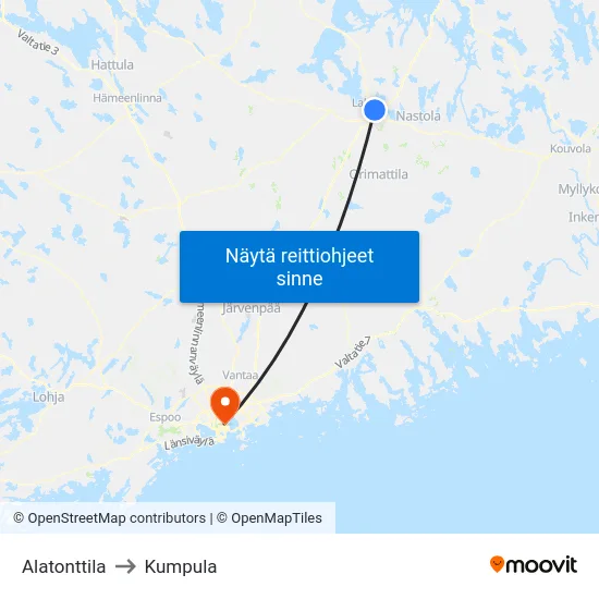 Alatonttila to Kumpula map