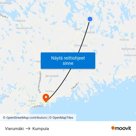 Vierumäki to Kumpula map