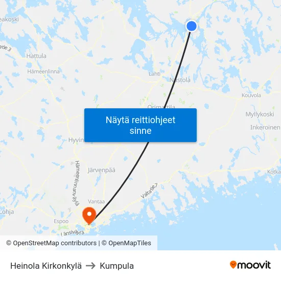 Heinola Kirkonkylä to Kumpula map