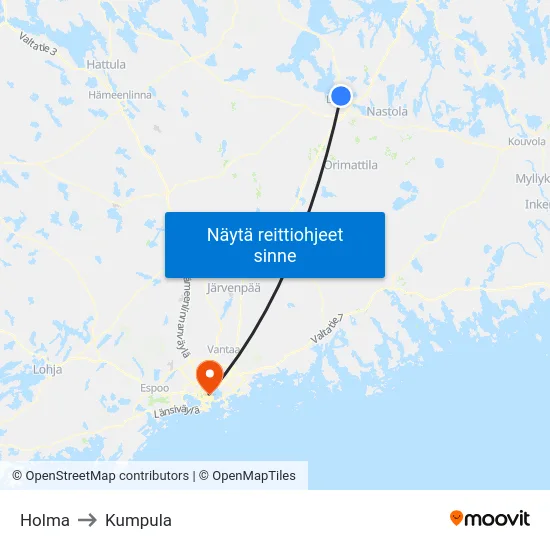 Holma to Kumpula map