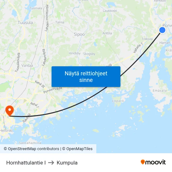 Hornhattulantie I to Kumpula map