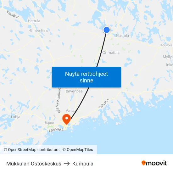 Mukkulan Ostoskeskus to Kumpula map