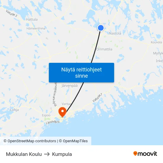 Mukkulan Koulu to Kumpula map