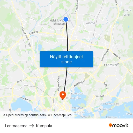 Lentoasema to Kumpula map