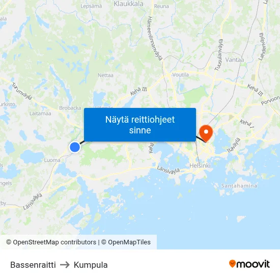 Bassenraitti to Kumpula map