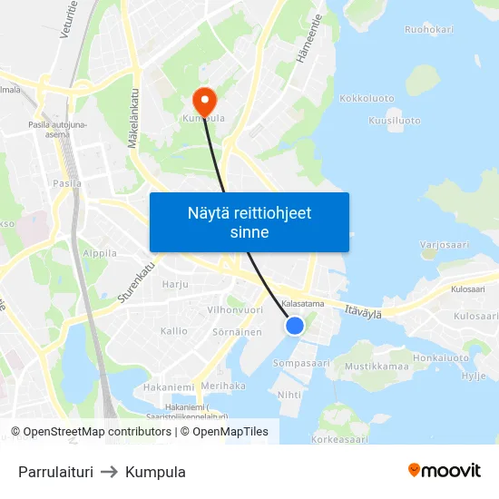 Parrulaituri to Kumpula map