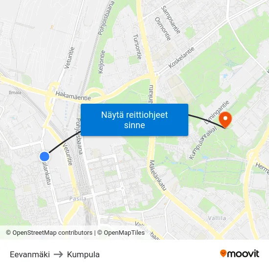 Eevanmäki to Kumpula map