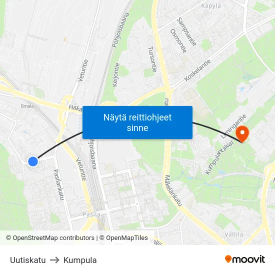 Uutiskatu to Kumpula map