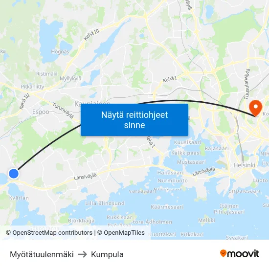 Myötätuulenmäki to Kumpula map