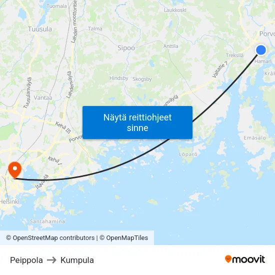 Peippola to Kumpula map
