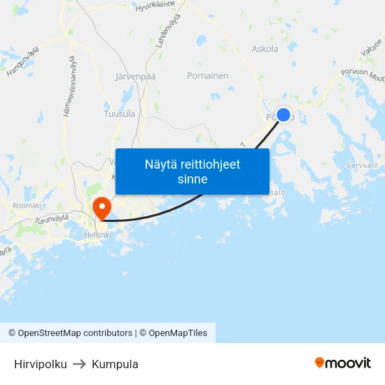Hirvipolku to Kumpula map