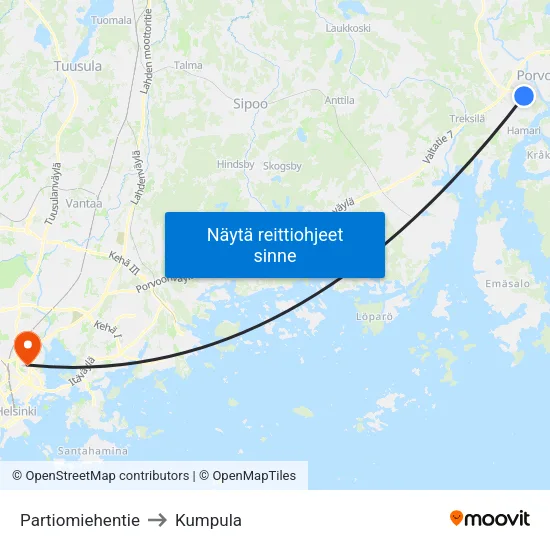 Partiomiehentie to Kumpula map