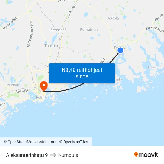 Aleksanterinkatu 9 to Kumpula map