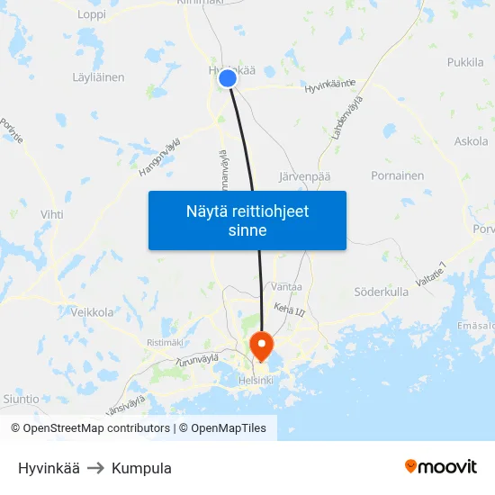 Hyvinkää to Kumpula map