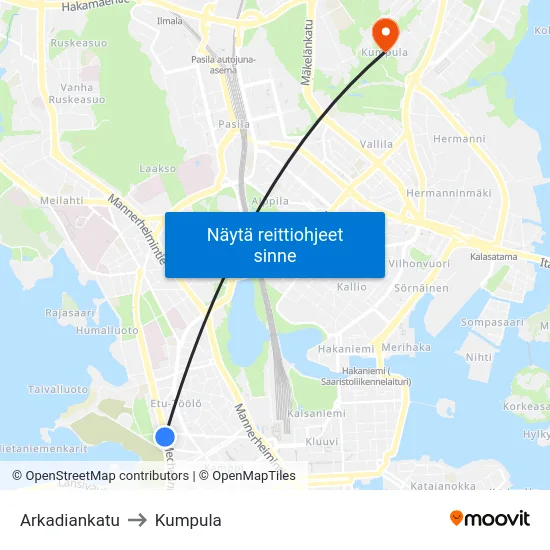 Arkadiankatu to Kumpula map