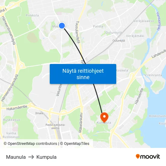 Maunula to Kumpula map