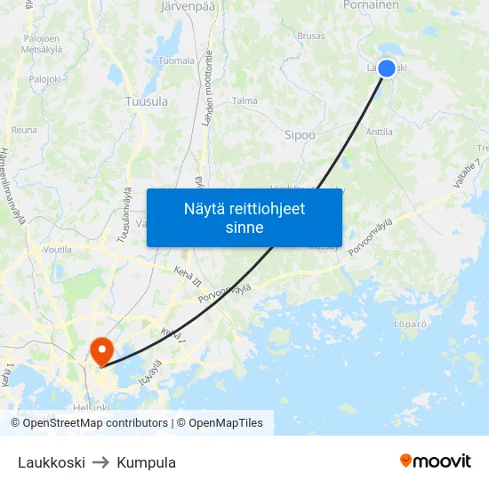 Laukkoski to Kumpula map