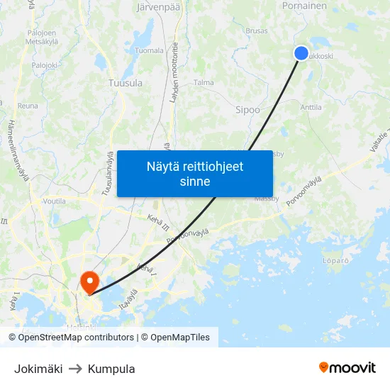 Jokimäki to Kumpula map