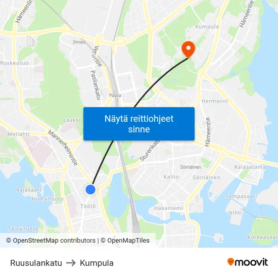 Ruusulankatu to Kumpula map