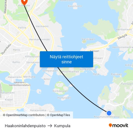 Haakoninlahdenpuisto to Kumpula map