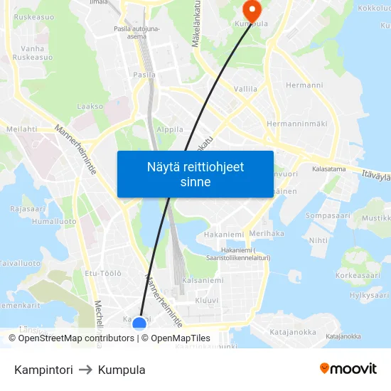 Kampintori to Kumpula map