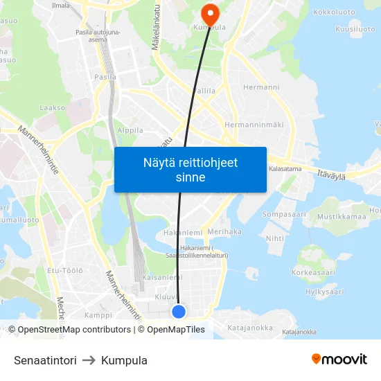 Senaatintori to Kumpula map