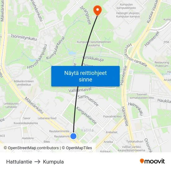 Hattulantie to Kumpula map