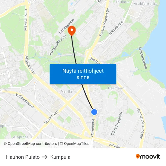 Hauhon Puisto to Kumpula map