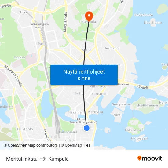Meritullinkatu to Kumpula map