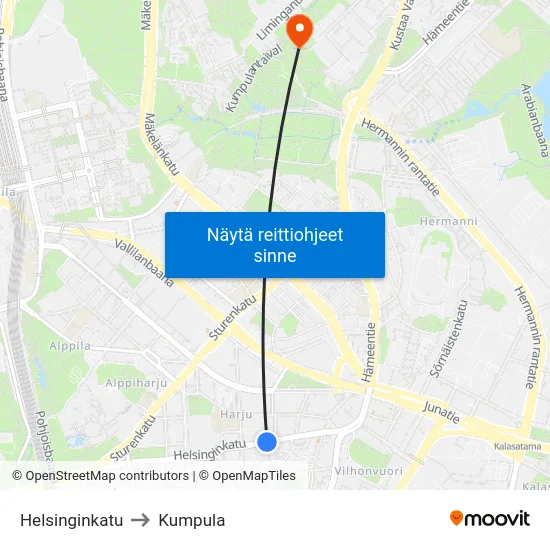 Helsinginkatu to Kumpula map