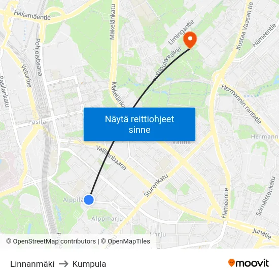 Linnanmäki to Kumpula map
