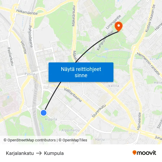 Karjalankatu to Kumpula map