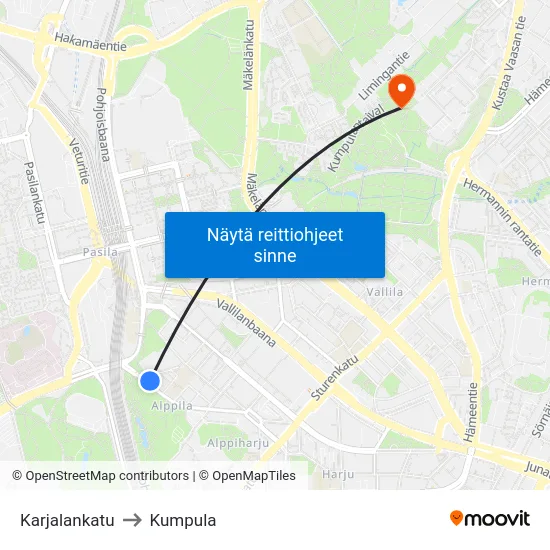 Karjalankatu to Kumpula map
