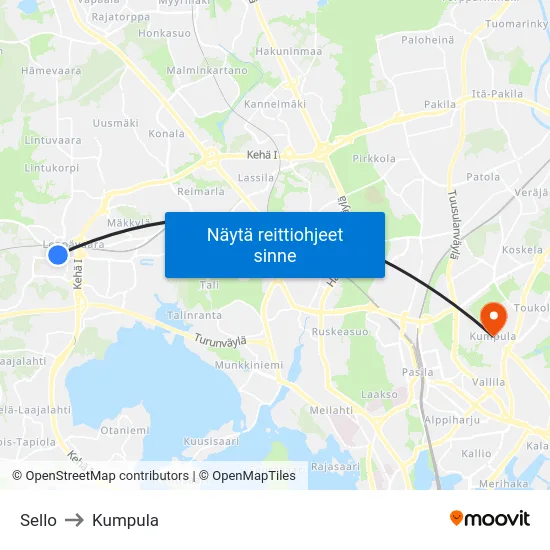 Sello to Kumpula map