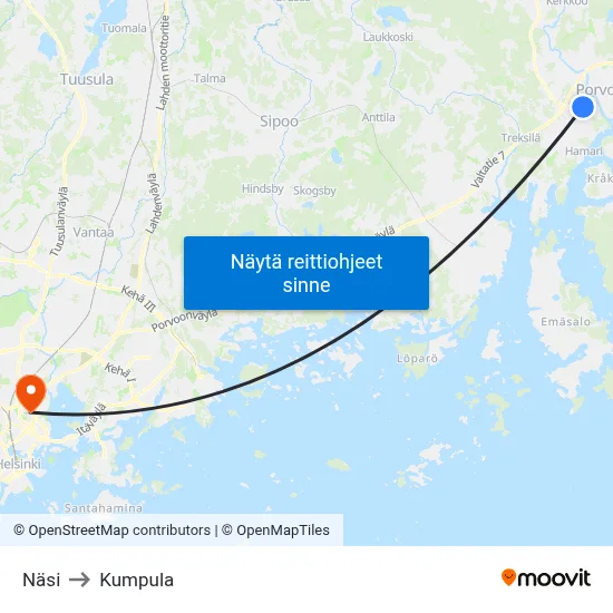 Näsi to Kumpula map