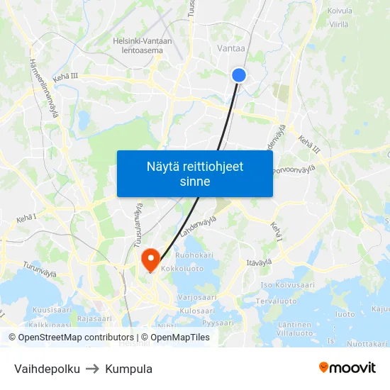 Vaihdepolku to Kumpula map