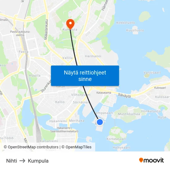 Nihti to Kumpula map