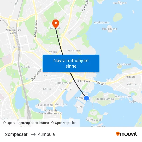 Sompasaari to Kumpula map