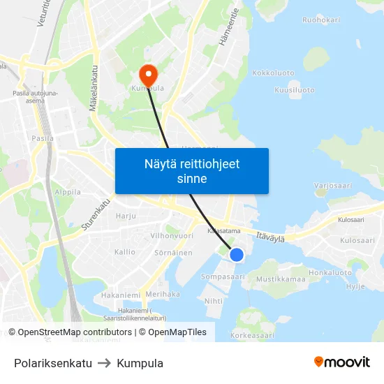 Polariksenkatu to Kumpula map