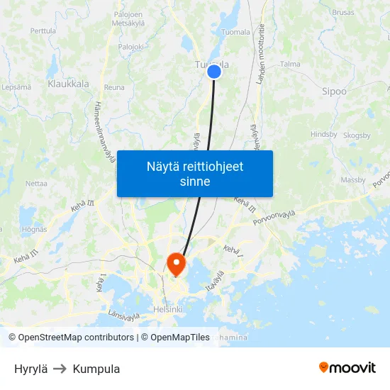 Hyrylä to Kumpula map