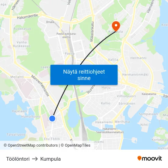 Töölöntori to Kumpula map