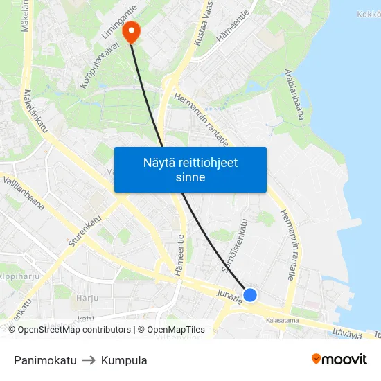 Panimokatu to Kumpula map