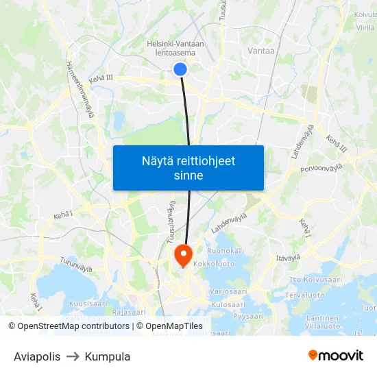 Aviapolis to Kumpula map