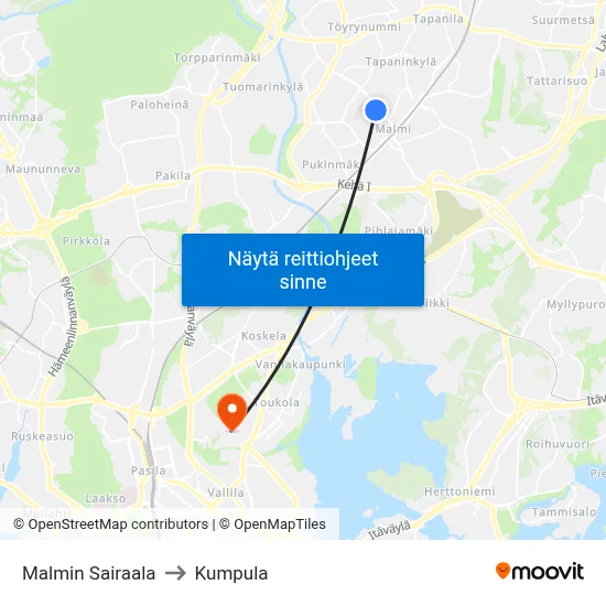 Malmin Sairaala to Kumpula map