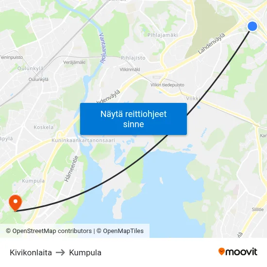 Kivikonlaita to Kumpula map