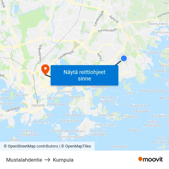 Mustalahdentie to Kumpula map